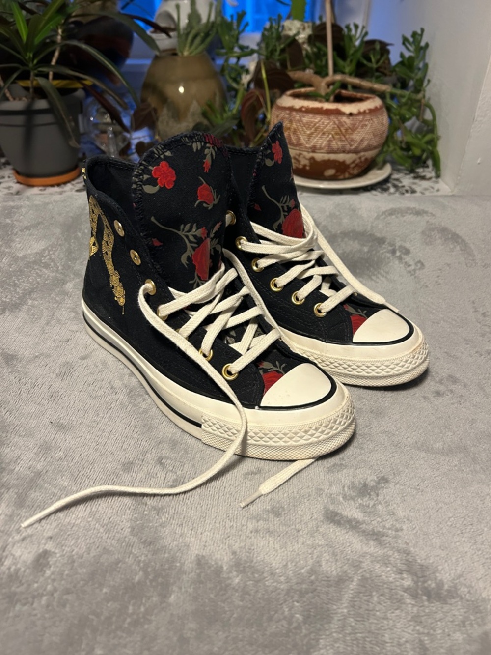 Converse Black Floral High-Top Sneakers with Red Accents